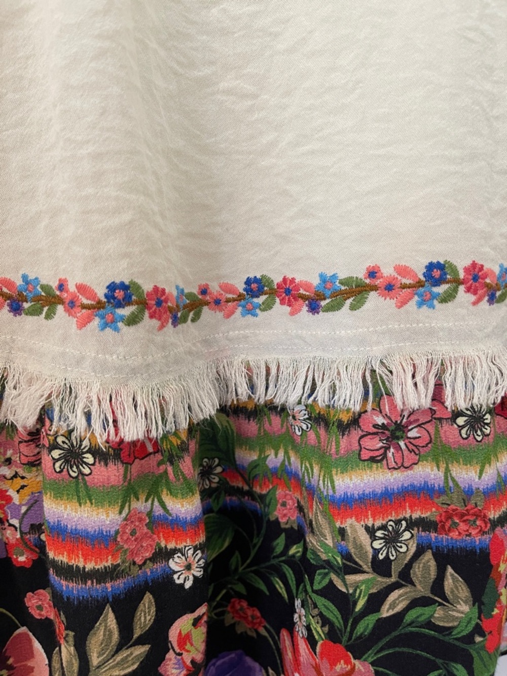 John Mark Boho Embroidered Cream Floral Fringe Top - Picture 4 of 12